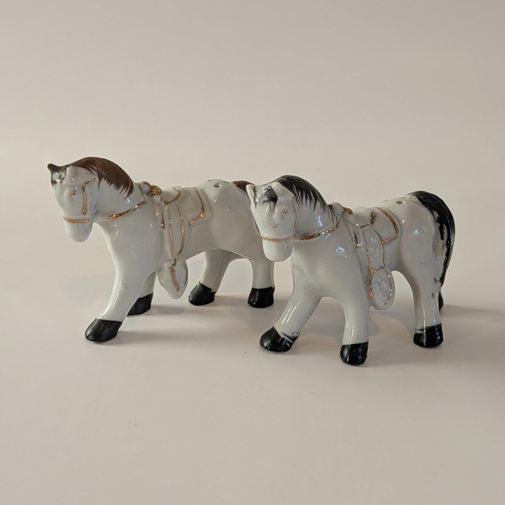 Vintage Japan Ceramic Horses Salt And Pepper White Gold